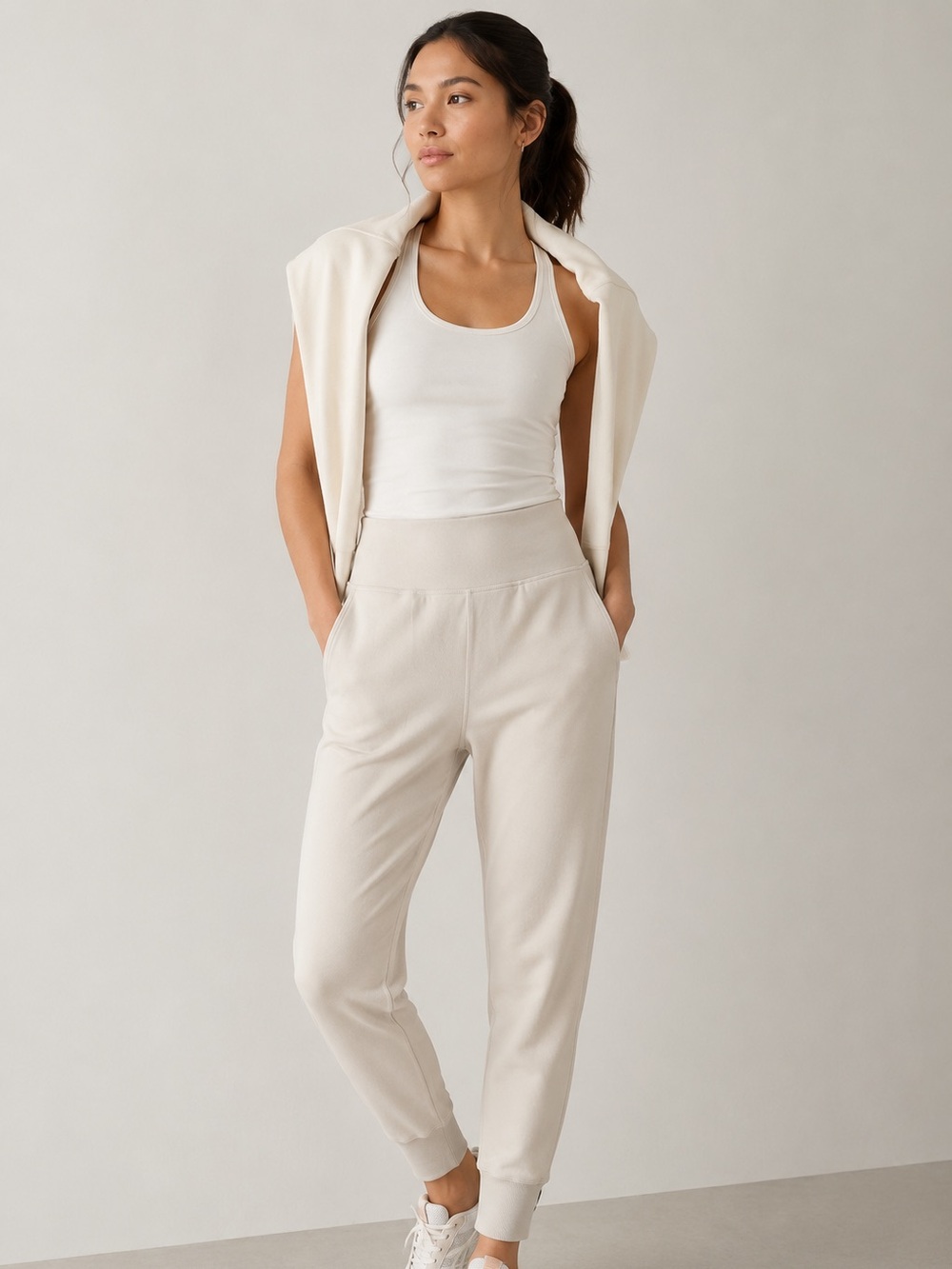 ATHLETA SoftLuxe Joggers Cream Ivory | High Rise Lounge Travel Pants Size Small
